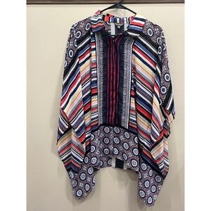 Katies Womens Blouse Top Collar Sheer Striped Red Blue‎ Print Short Sleeve Sz 14